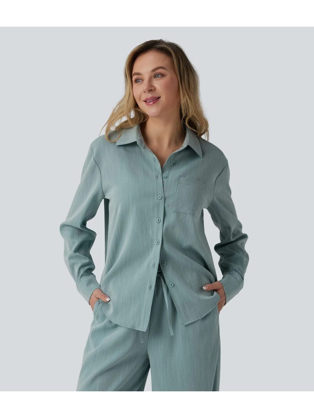 Halara Long Sleeve Linen-Feel Shirt with Pocket Sage Size XL